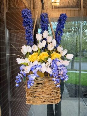 Blue, White & Yellow Floral Hanging Basket -